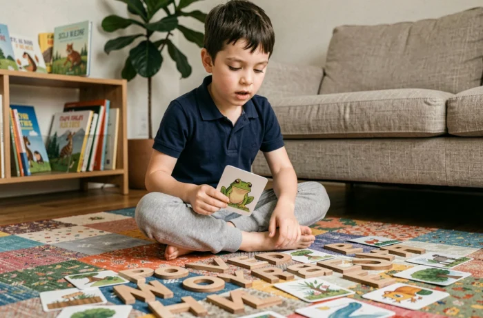 Garçon concentré apprenant les lettres de l'alphabet avec des cartes illustrées en bois sur un tapis coloré dans un salon familial, activité éducative d'éveil pour enfants