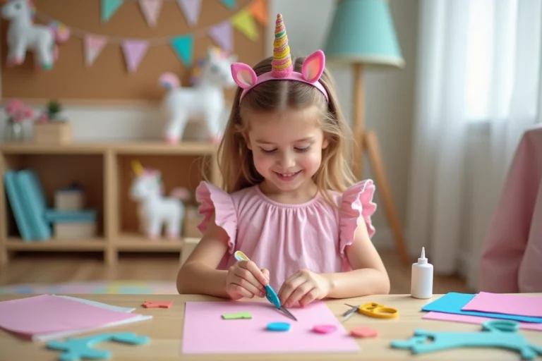 Jeune fille concentrée faisant un bricolage licorne avec des feutres et pochoirs colorés dans une salle de jeux décorée