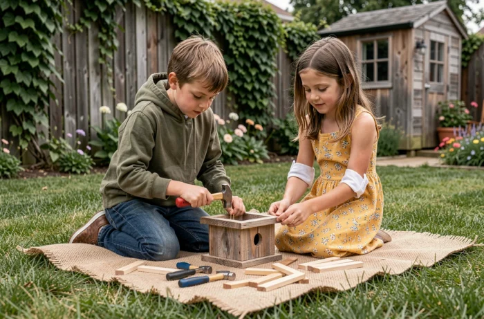 Deux enfants construisant une cabane à oiseaux en bois dans un jardin, activité manuelle éducative en plein air favorisant la créativité et la coopération