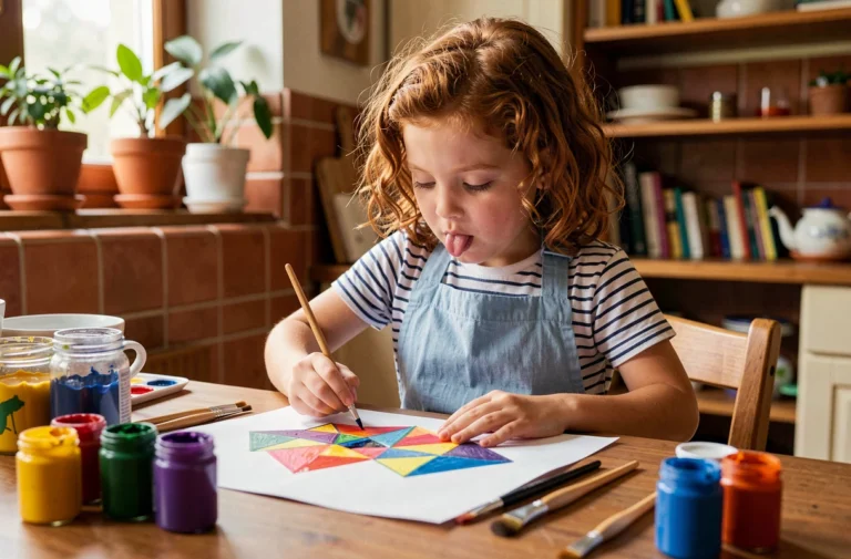 Jeune fille concentrée peignant des formes géométriques colorées sur une table en bois dans une cuisine familiale chaleureuse, activité créative et éducative pour enfants