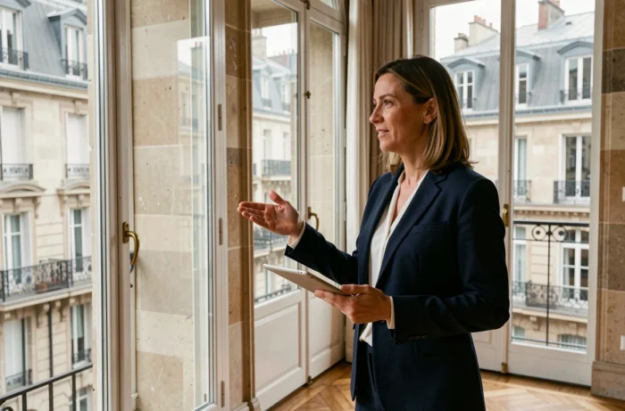 Agent immobilière présentant un appartement lyonnais de style haussmannien pour estimer le loyer