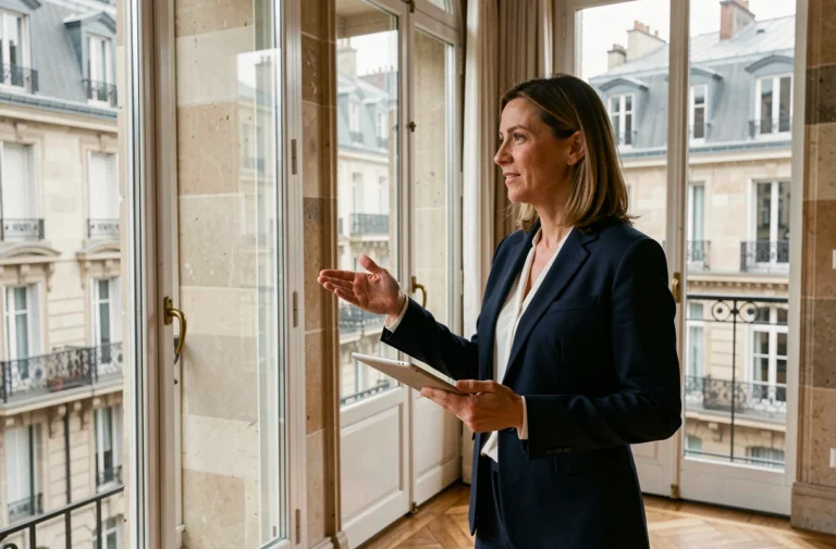 Agent immobilière présentant un appartement lyonnais de style haussmannien pour estimer le loyer