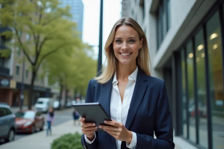 Agent immobilière devant un immeuble moderne en verre présentant des annonces sur une tablette numérique