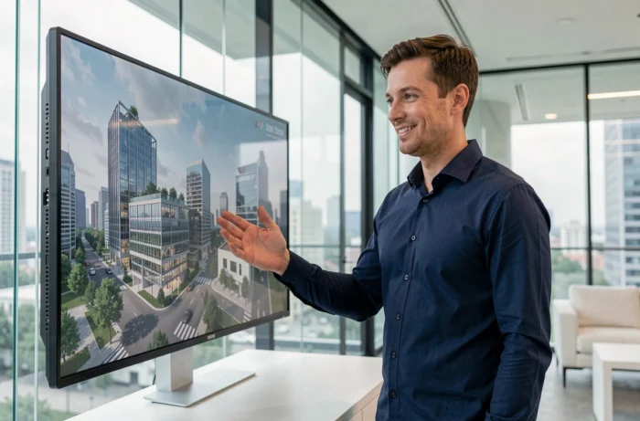Animateur 3D présentant une visualisation architecturale photoréaliste dans un bureau moderne