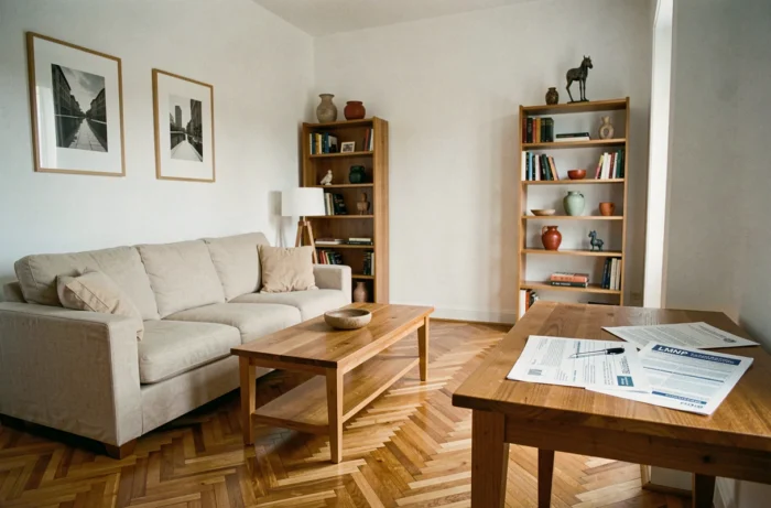 Appartement meublé en location avec documents fiscaux LMNP posés sur un bureau