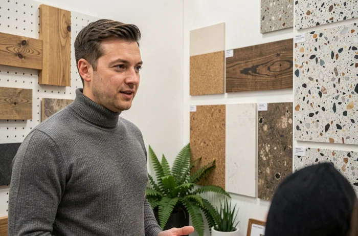 Architecte découvrant des matériaux de construction durables au salon Habitat Expo avec panneaux en bois recyclé et terrazzo