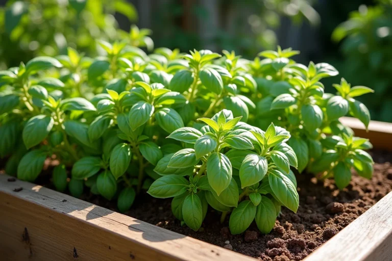 Basilic et fenouil plantés trop près l'un de l'autre dans un potager surélevé, montrant les effets négatifs d'une mauvaise association de plantes