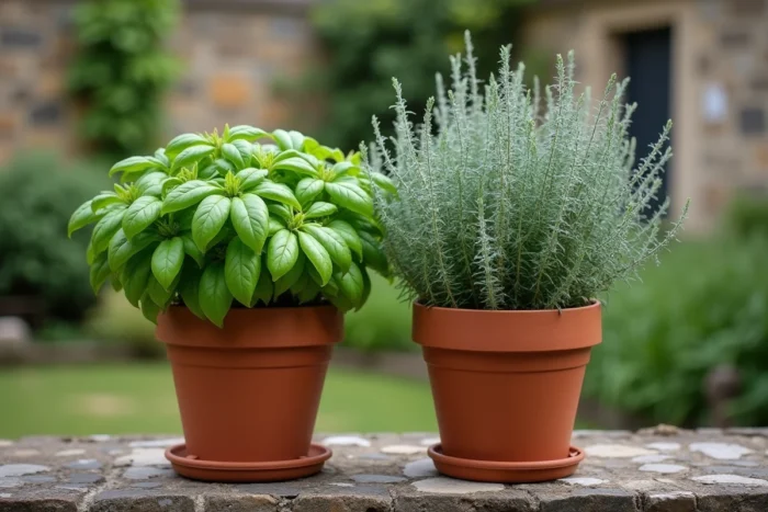 Pot de basilic et pot de sauge côte à côte sur une table en pierre, illustrant une association déconseillée entre ces deux herbes aromatiques