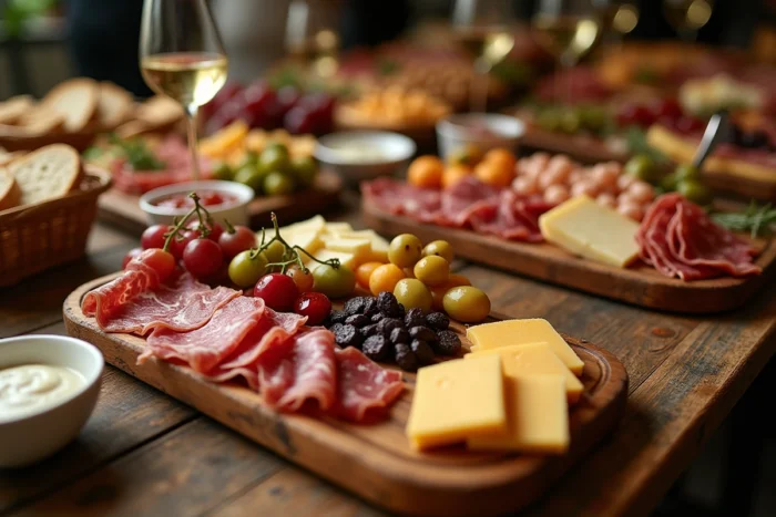 Un buffet d'apéro dînatoire avec planches en bois garnies de charcuteries, fromages, olives et accompagnements à partager entre amis