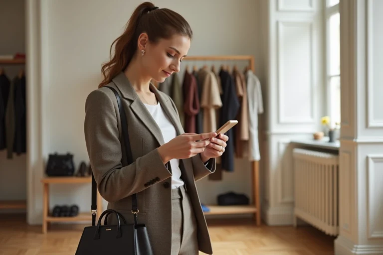 Femme élégante photographiant un sac de créateur dans un appartement parisien pour le revendre en ligne sur une plateforme de seconde main