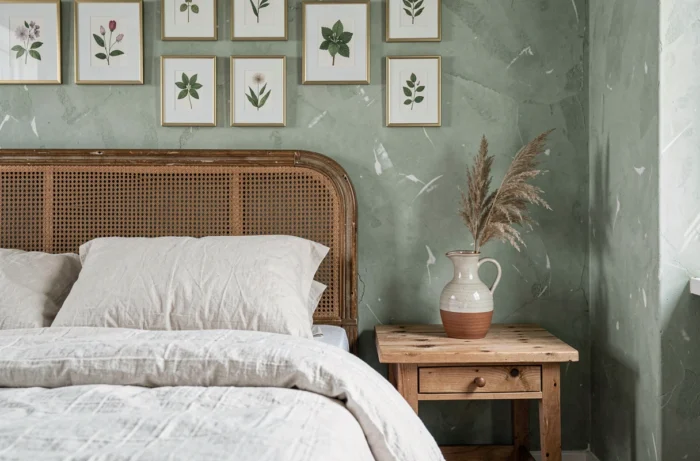 Coin chambre décoré avec linge de lit en lin, tête de lit en cannage et objets artisanaux dans un style maison de campagne