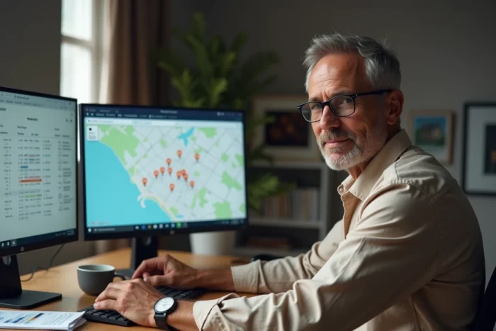 Chasseur immobilier analysant des données de marché et une carte interactive de biens sur ses écrans dans un bureau à domicile