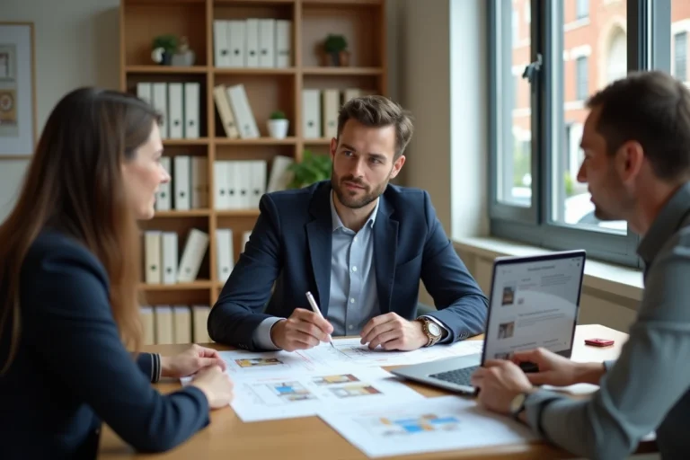 Chasseur immobilier professionnel en réunion avec un couple de clients, présentant des fiches de biens sur une table moderne dans un bureau contemporain