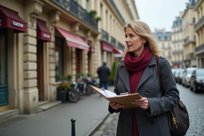 Chasseuse immobilière devant un immeuble haussmannien parisien, tenant un dossier de recherche lors d'une visite de bien immobilier