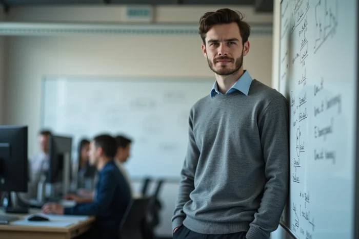 Jeune chercheur en intelligence artificielle de grande taille devant un tableau blanc dans un laboratoire universitaire