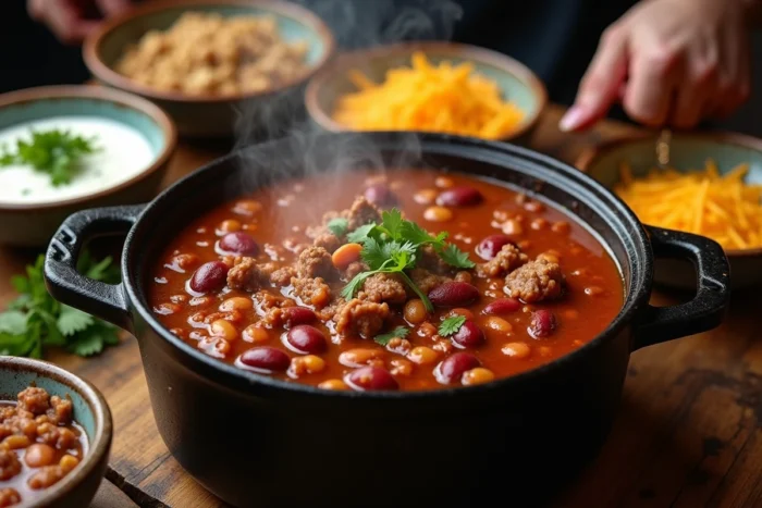 Une cocotte géante de chili con carne fumant posée sur une table rustique, entourée de garnitures comme la crème fraîche, le fromage râpé et le coriandre