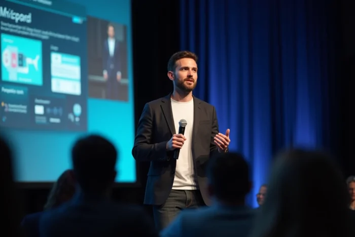 Grand conférencier tech prenant la parole sur scène lors d'un événement dédié à l'intelligence artificielle