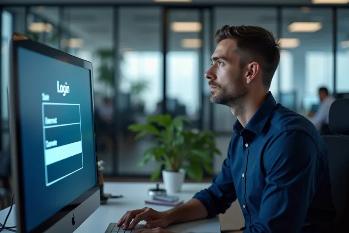 Homme se connectant à son espace personnel sur une plateforme numérique depuis un bureau en open space