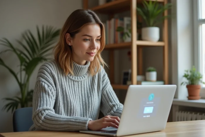 Femme connectée à son espace personnel sur une plateforme en ligne depuis son bureau à domicile