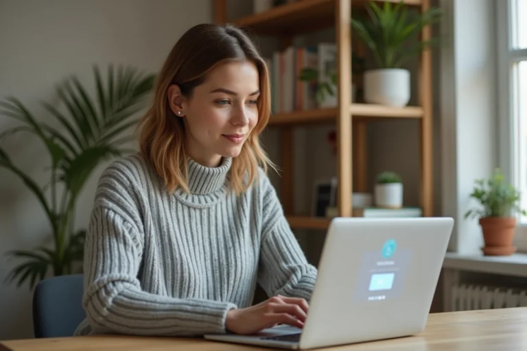 Femme connectée à son espace personnel sur une plateforme en ligne depuis son bureau à domicile