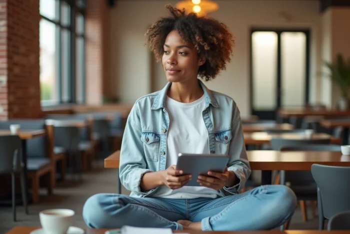 Jeune adulte se connectant à son espace personnel sur une tablette dans un café moderne