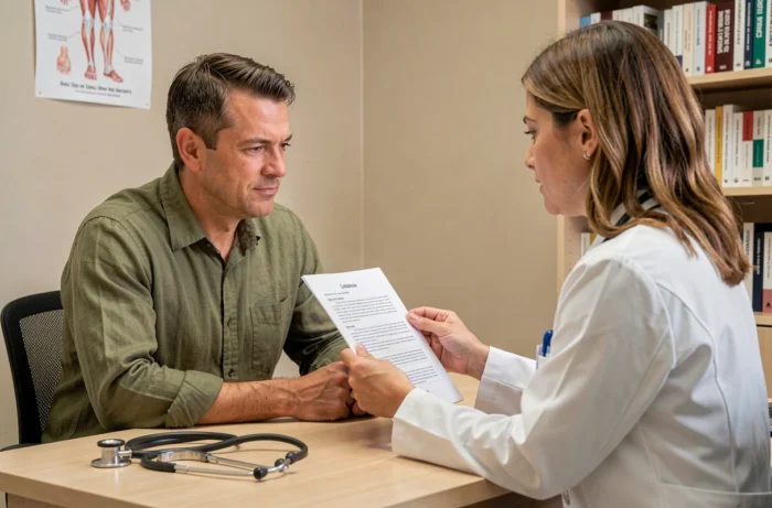 Consulta médica entre um paciente e um médico discutindo os sintomas e causas de doenças comuns em um consultório médico