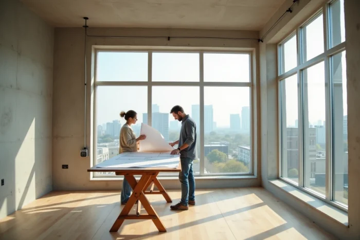 Couple examinant des plans architecturaux dans un appartement en rénovation avec vue sur la ville