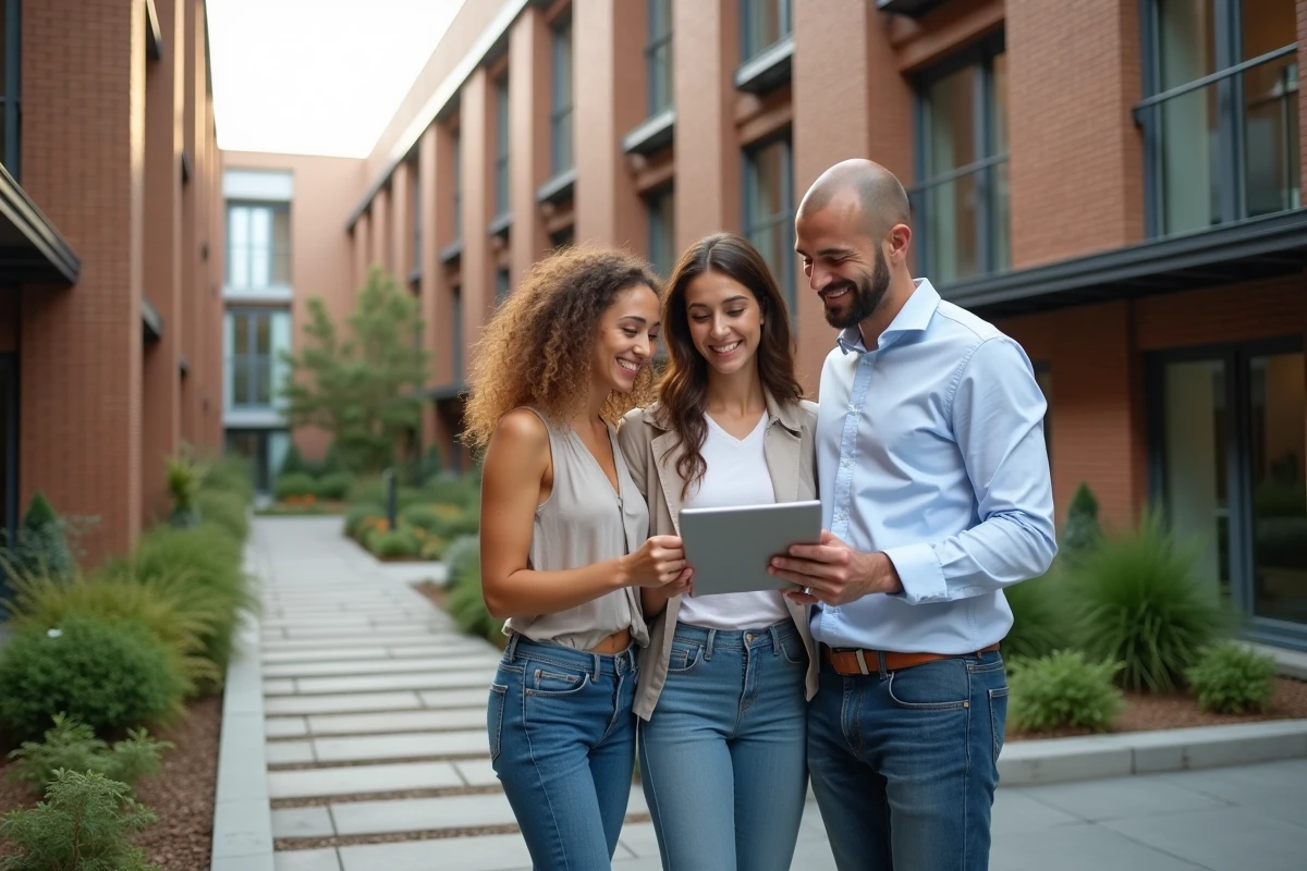 Jeune couple avec agent immobilier devant une maison moderne