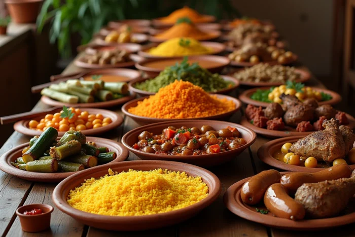 Un couscous royal servi en buffet avec semoule, légumes et viandes séparés dans des plats distincts sur une grande table