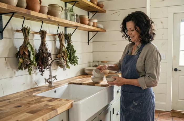 Cuisine fermette authentique avec étagères en bois, poteries artisanales et femme arrangeant des bols en céramique