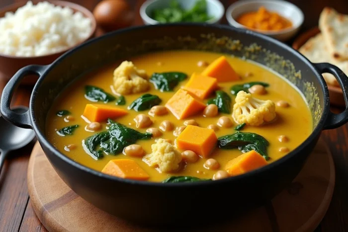 Une grande cocotte de curry de légumes au lait de coco accompagnée d'un bol de riz basmati et de condiments sur une table en bois