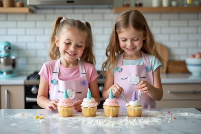 Deux enfants décorant des cupcakes à thème licorne avec glaçage coloré et cornes en fondant dans une cuisine