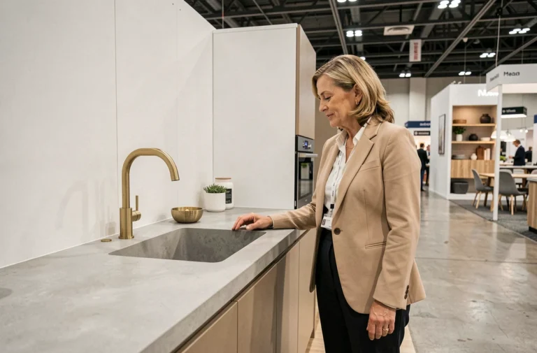 Designer examinant une cuisine moderne lors du salon Habitat Expo avec mobilier minimaliste et finitions en laiton brossé