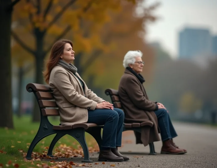 Une femme adulte et sa mère âgée assises à distance sur un banc de parc, illustrant la séparation émotionnelle et légale entre parents et enfants adultes