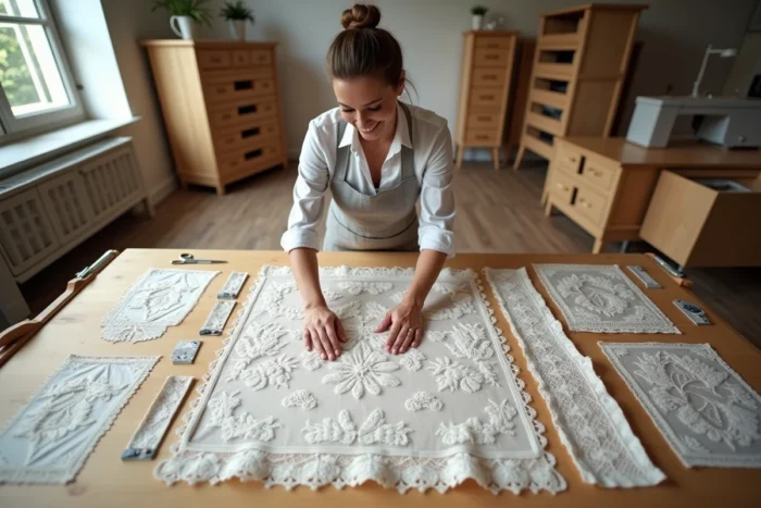 Couturière comparant des échantillons de dentelle Chantilly sur une table de coupe dans un atelier de mariage