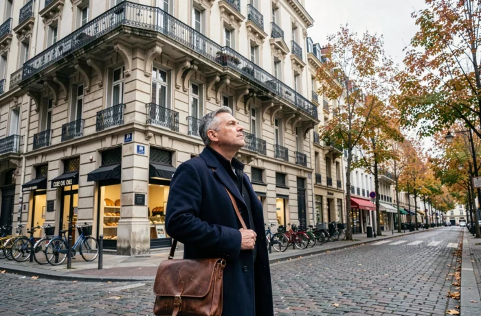 Homme observant un immeuble haussmannien à Lyon dans le quartier de la Croix-Rousse pour évaluer un loyer