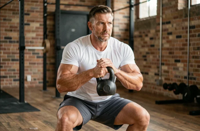 Homme musclé réalisant un goblet squat avec kettlebell dans une salle de sport industrielle aux murs en briques