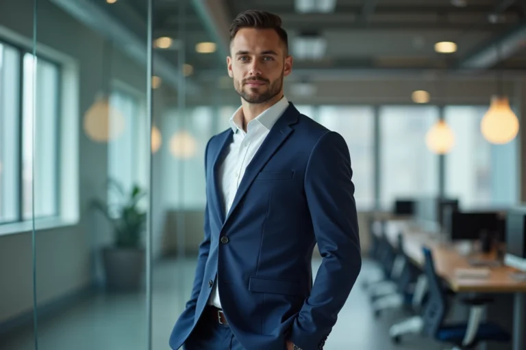 Portrait en pied d'un jeune entrepreneur tech élancé en costume bleu marine dans un bureau moderne