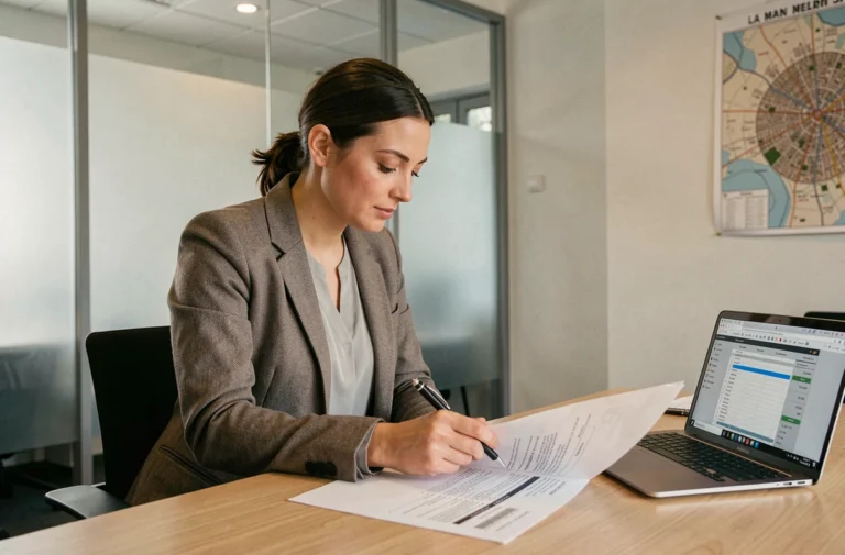 Conseillère immobilière analysant des documents d'estimation de loyer dans une agence moderne à Lyon