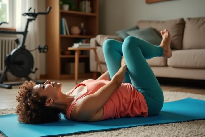 Femme allongée sur un tapis effectuant un étirement des fessiers après une session de vélo d'appartement dans un salon aménagé en salle de sport