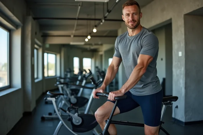 Homme s'étirant le quadriceps debout après le vélo d'appartement dans une salle de sport moderne avec sol en caoutchouc