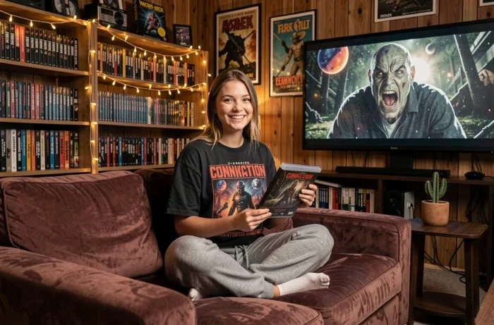 Fan de séries Z dans son salon cinéma maison entouré de VHS, posters cultes et DVD de films de genre, ambiance nostalgique et passionnée