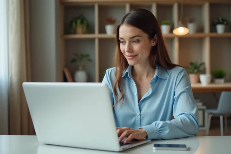 Femme en bureau moderne vérifiant son ordinateur portable