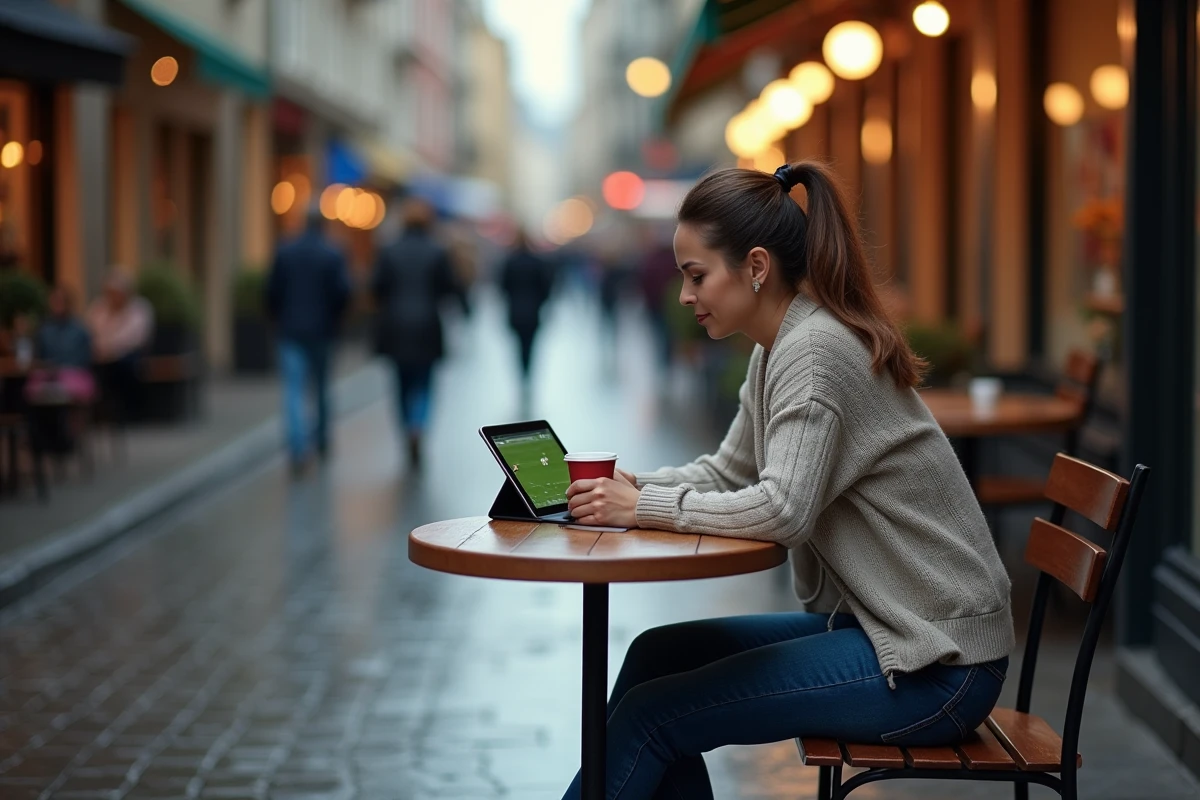 Femme assise au café regardant un match de football sur sa tablette