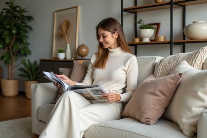 Femme élégante dans un salon moderne et sophistiqué
