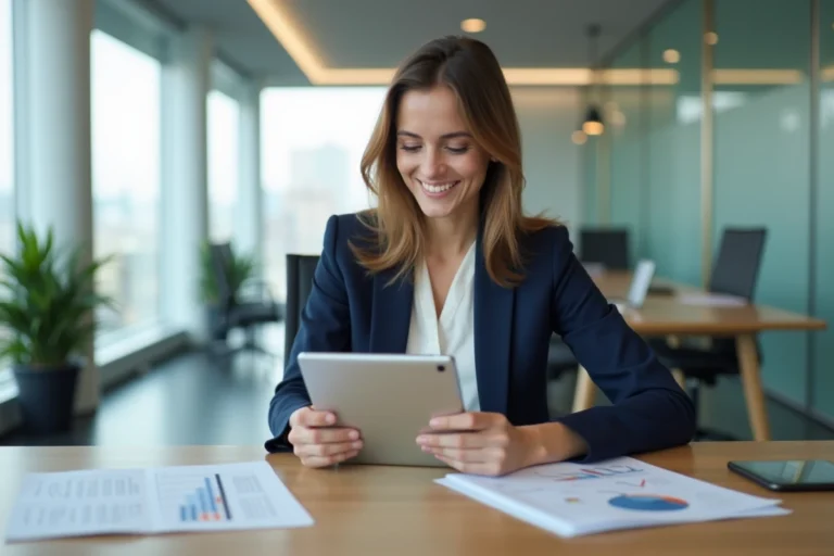 Femme confiante en bureau moderne avec documents immobiliers