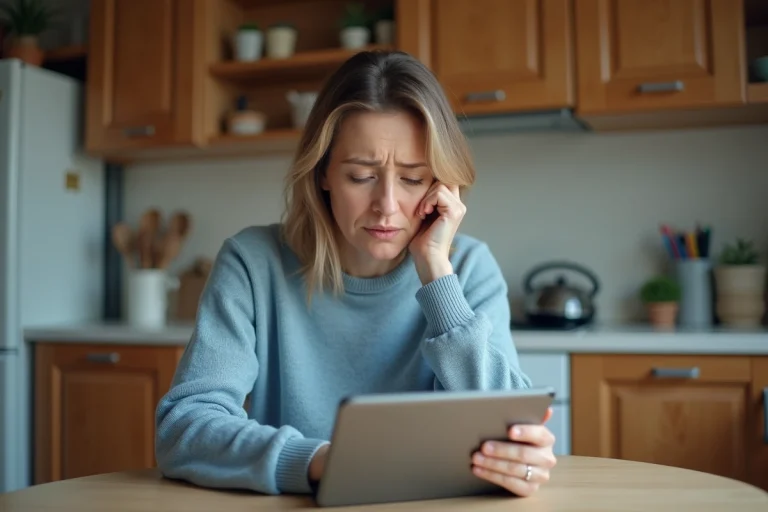 Femme d'âge moyen lisant des avis en ligne sur une tablette