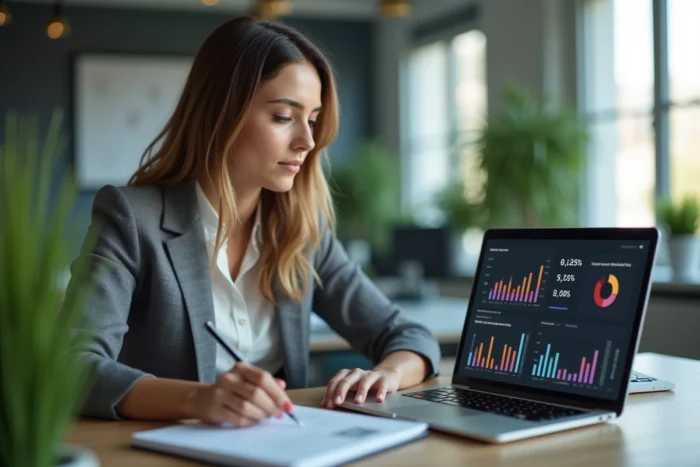 Jeune femme professionnelle analysant des données marketing