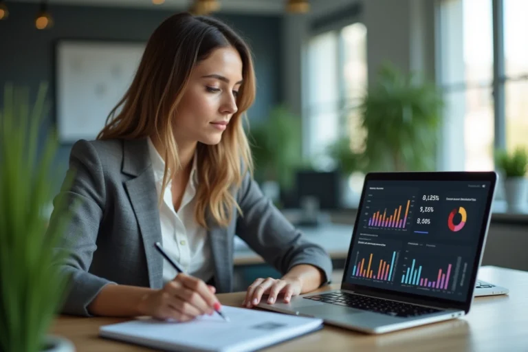 Jeune femme professionnelle analysant des données marketing
