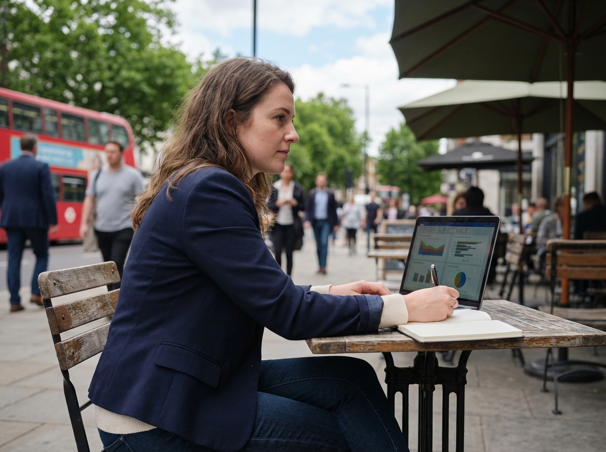 Jeune femme marketing analysant ses données en extérieur
